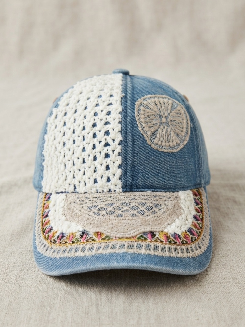 Custom Handcrafted Crochet Knit Lace Embroidered Floral Denim Baseball Cap 💐🌸